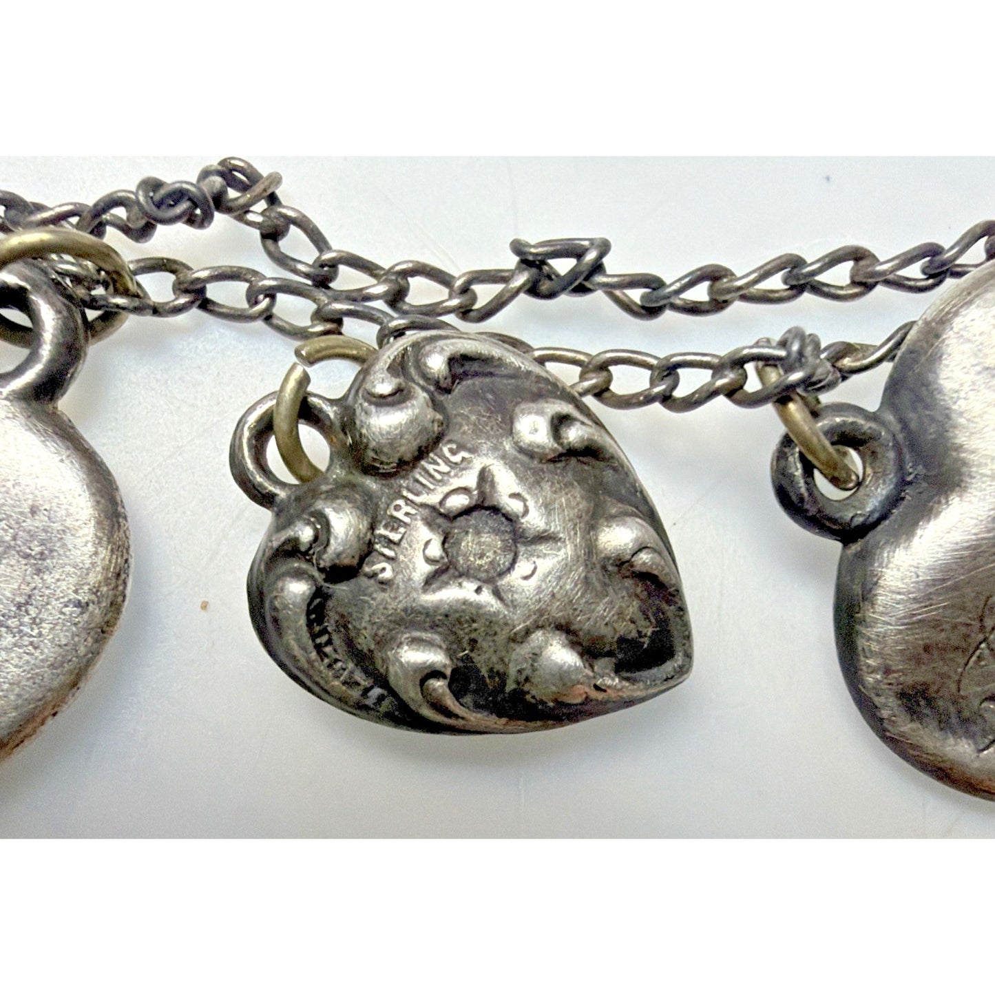 Antique Sterling Silver Puffy Heart Charms Necklace Enamel Gemstone Emboss As Is
