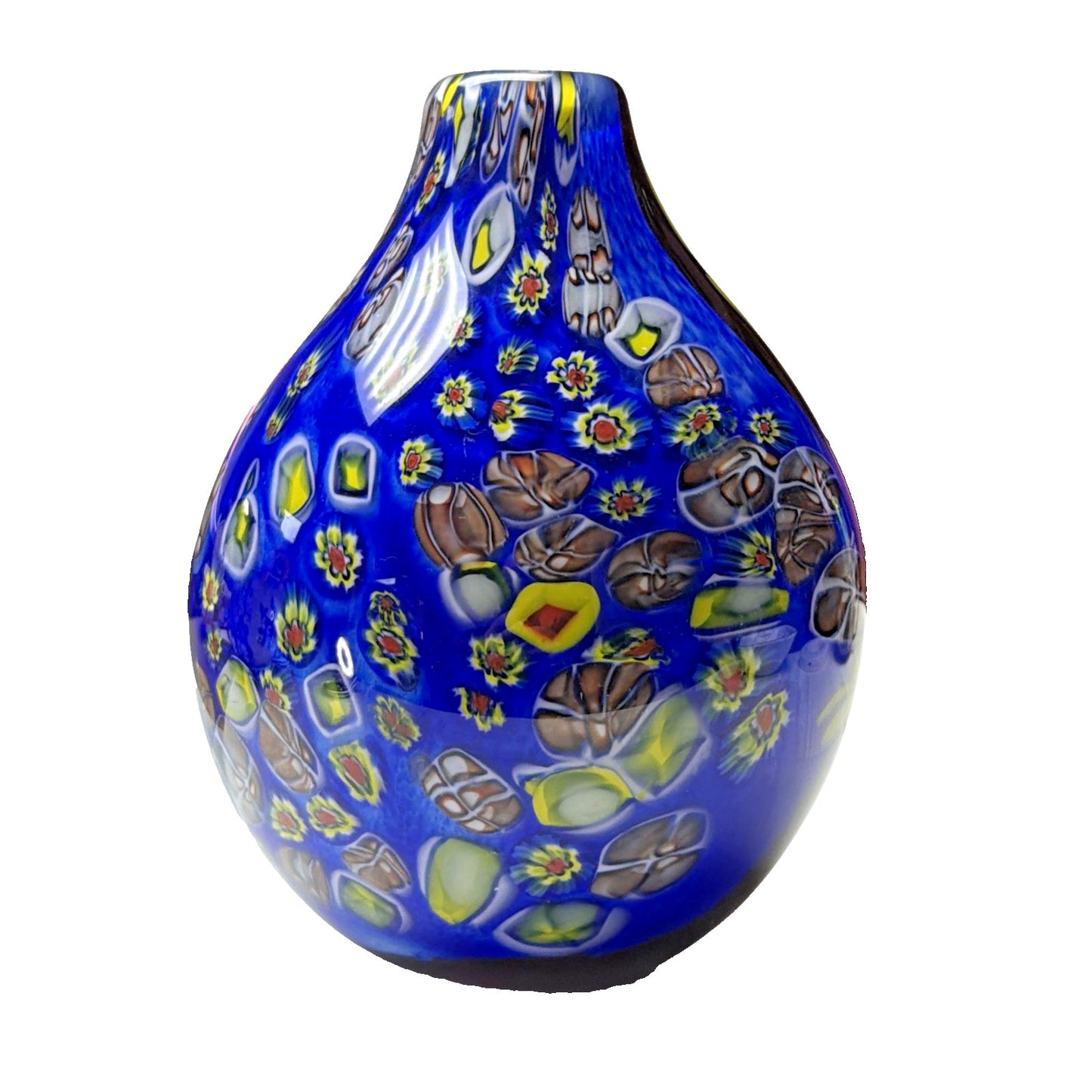 Abstract Cased Art Glass Vase Millefiori Murrine Vase Cobalt Red Yellow Heavy