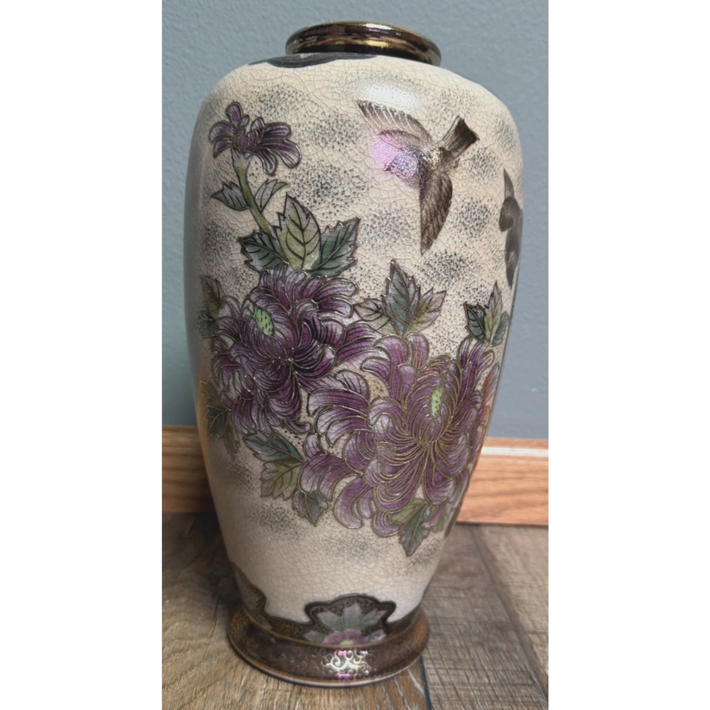 Old Hand Painted Japanese Satsuma Vase Crackle Gold Gilded Birds Floral Birdcage
