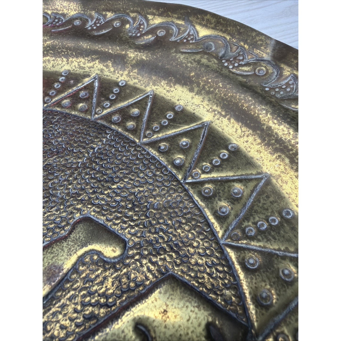 Mayan Aztec Peruvian Brass Gold Metal Enamel Engraved Hammered Wall Plate As Is