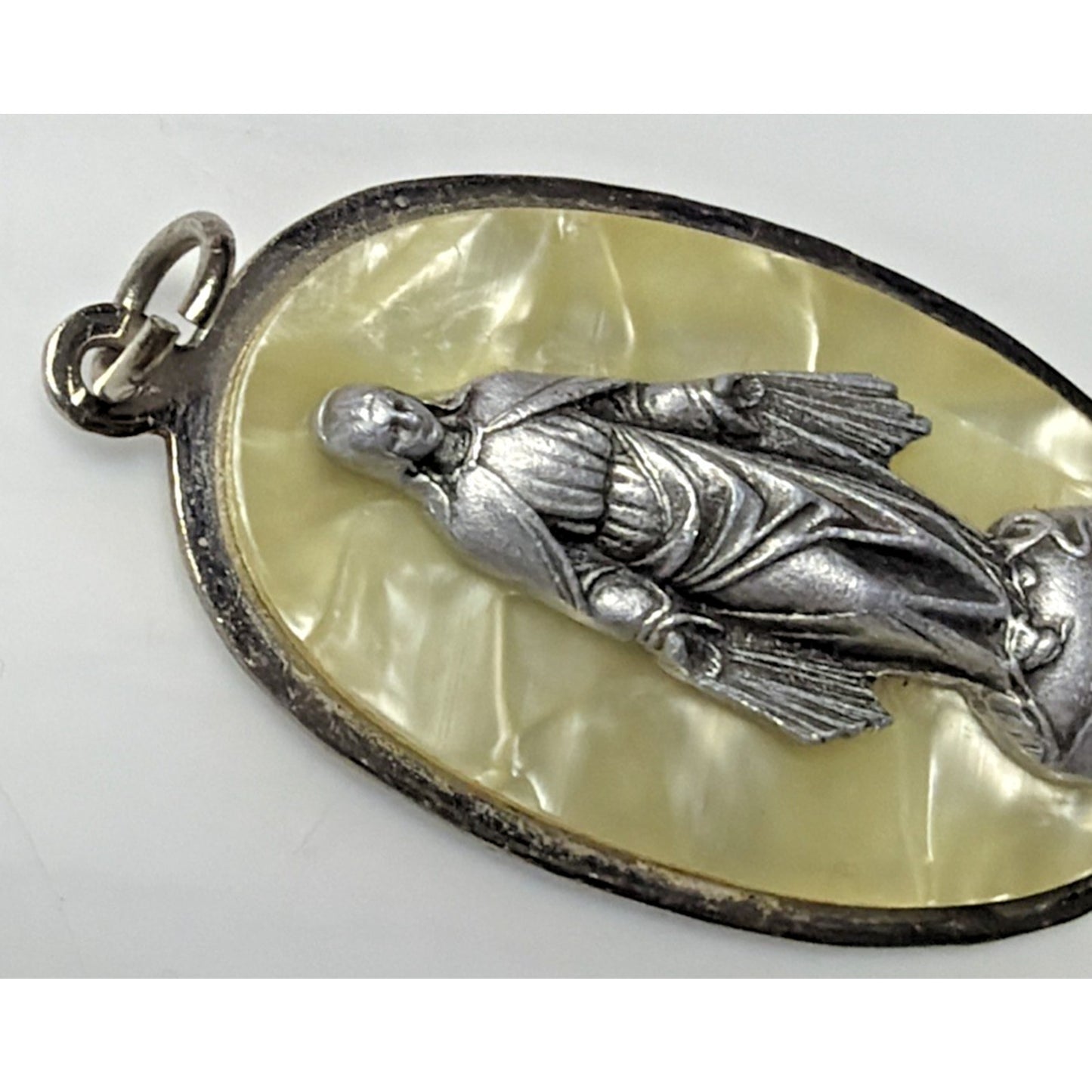 Immaculata Virgin Mary Saint Pendant Silver Metal Faux Mother Pearl Celluloid