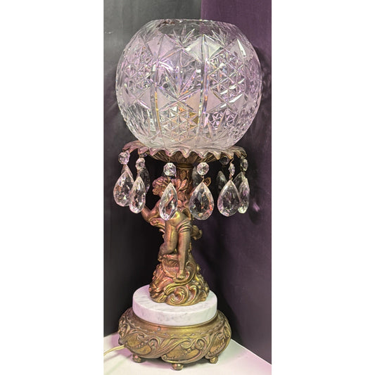 Hollywood Regency Brass Cherub Crystal Cut Globe Marble Parlor Lamp Waterfall