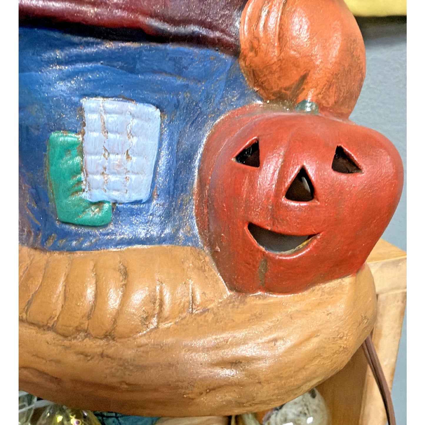 Vintage Ceramic Scarecrow Lamp Hand Painted Pumpkin Jack O Lantern Reflection