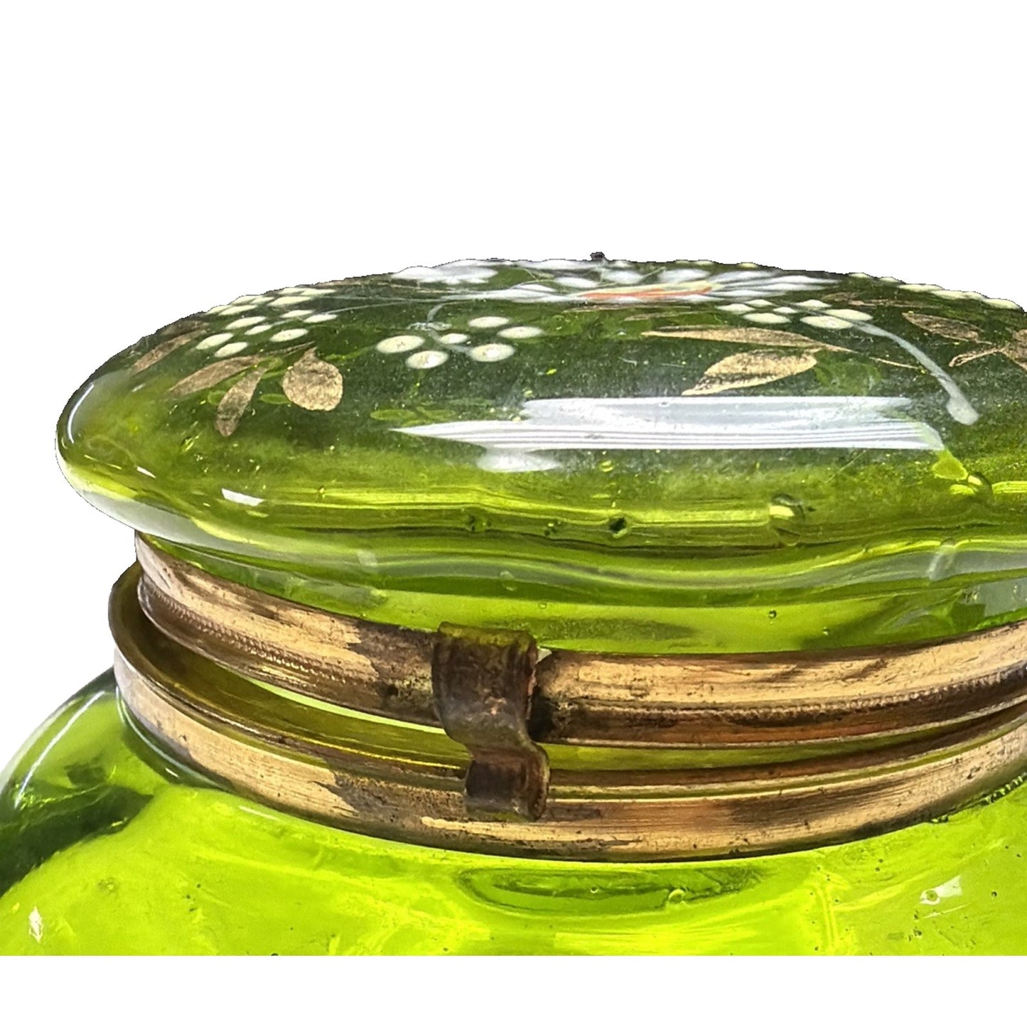 Antique Moser Bohemian Blown Glass Hand Painted Enamel Green Hinged Trinket Box