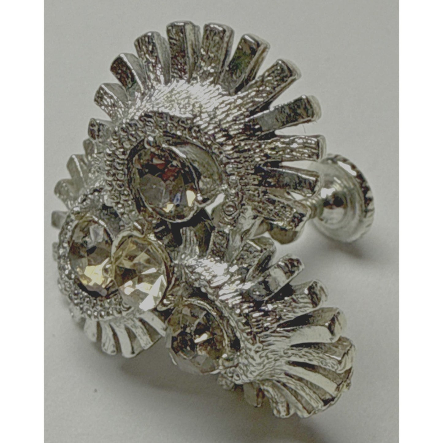 Vtg Coro Earrings Clip On Atomic Sunburst Rhinestone Flower Silver Tone As Is