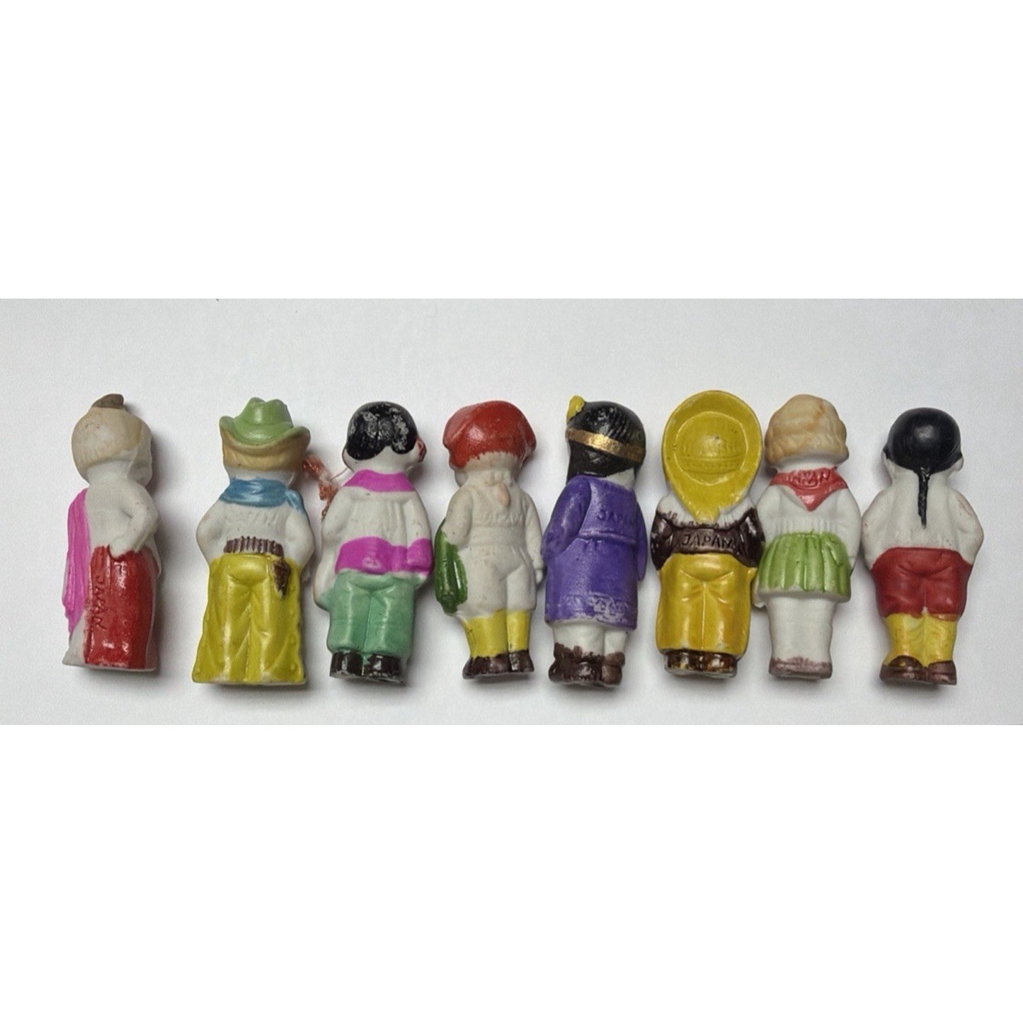 Old Lot of 8 Bisque Porcelain Penny Dolls Foreign Dolls Made in Japan As Is