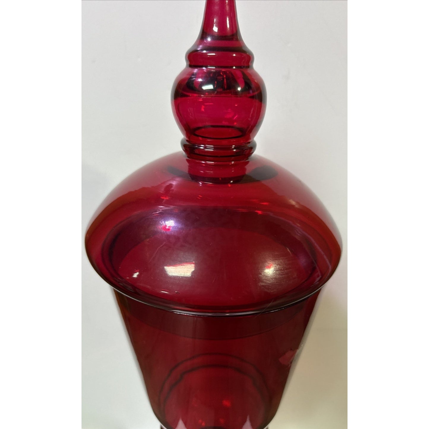Modern Ruby Red Stained Apothecary Jar Tall Lid Footed Pedestal Canister As-Is