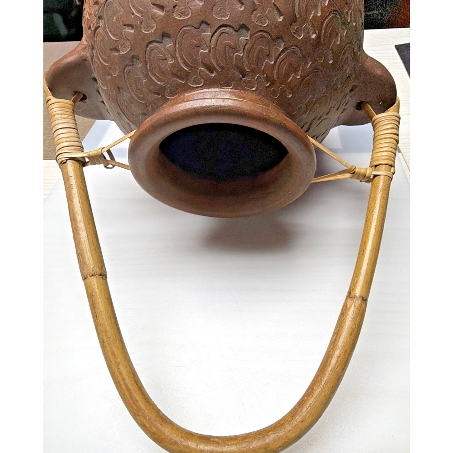 Chinese Asian Earthenware Pot Jar Vessel Bamboo Handle Impressed Symbols As Is