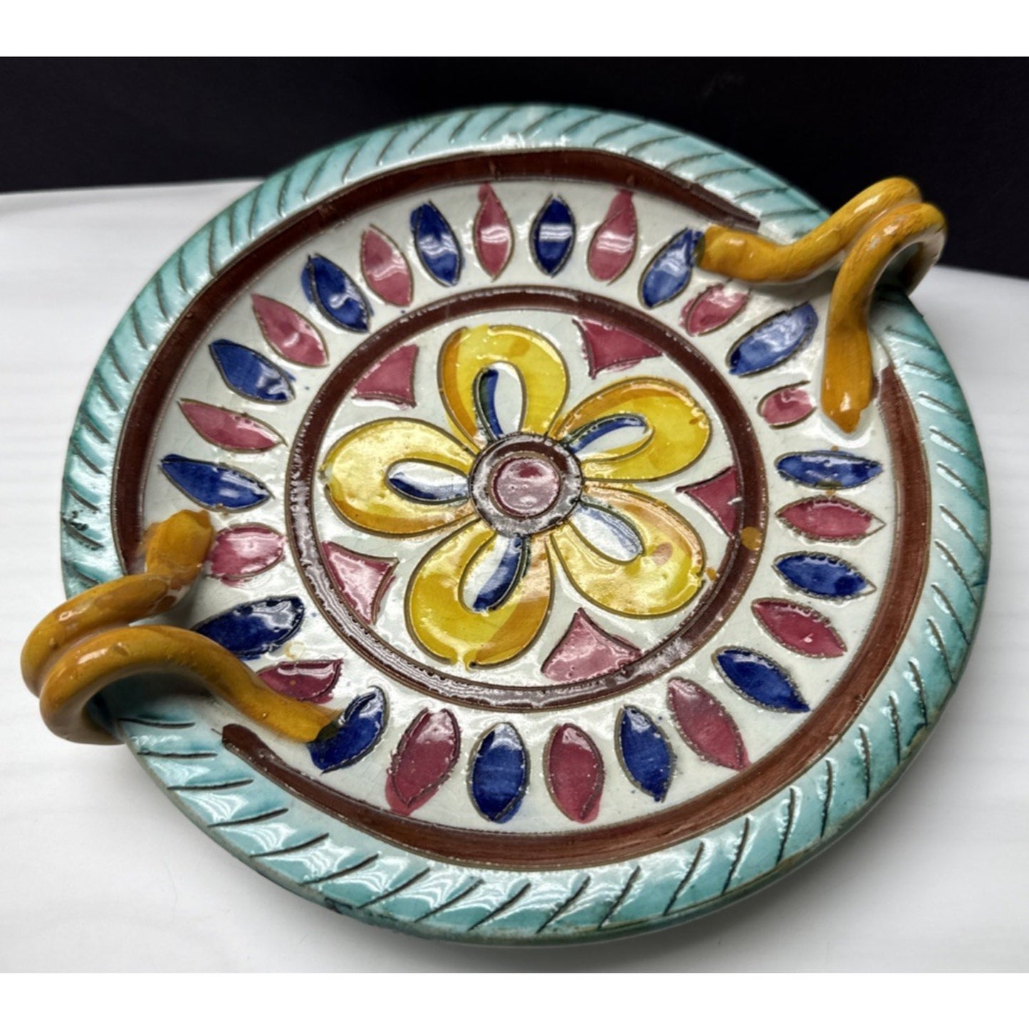 MCM Italy Sgraffito Pottery Cache Candle Base Dish Hand Painted Flower Handles