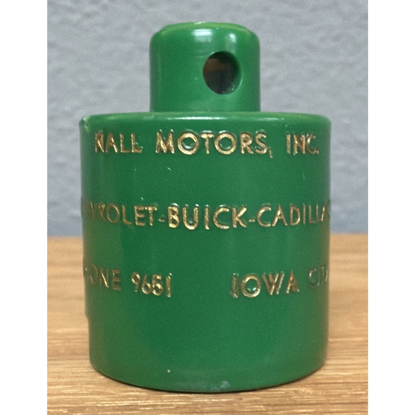 Vtg Figural Gas Can Keychain Advert Nail Motors Chev Buick Cadillac Iowa City