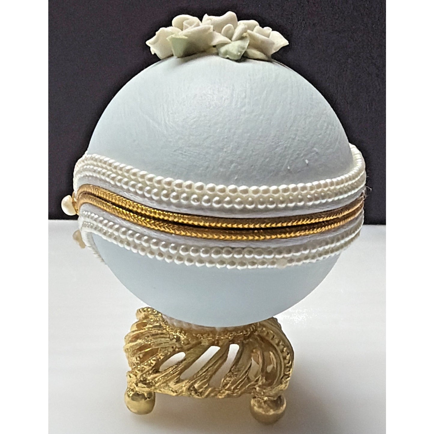 Egg Fantasy Hand Decorated Goose Egg Blue Trinket Jewelry Box Porcelain Flowers