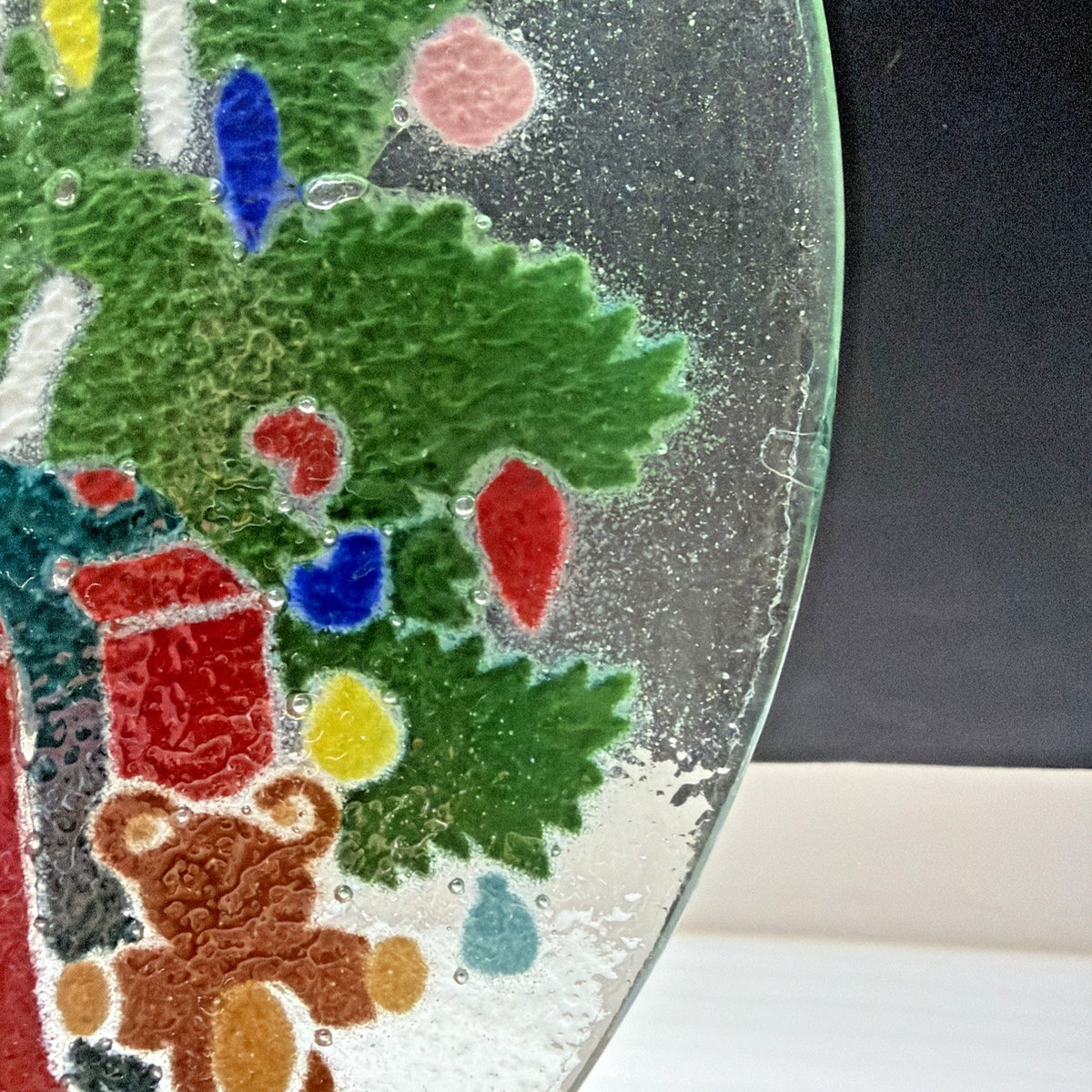 Vintage Peggy Karr Fused Glass Christmas Tree Toy Train Platter Teddy Bear