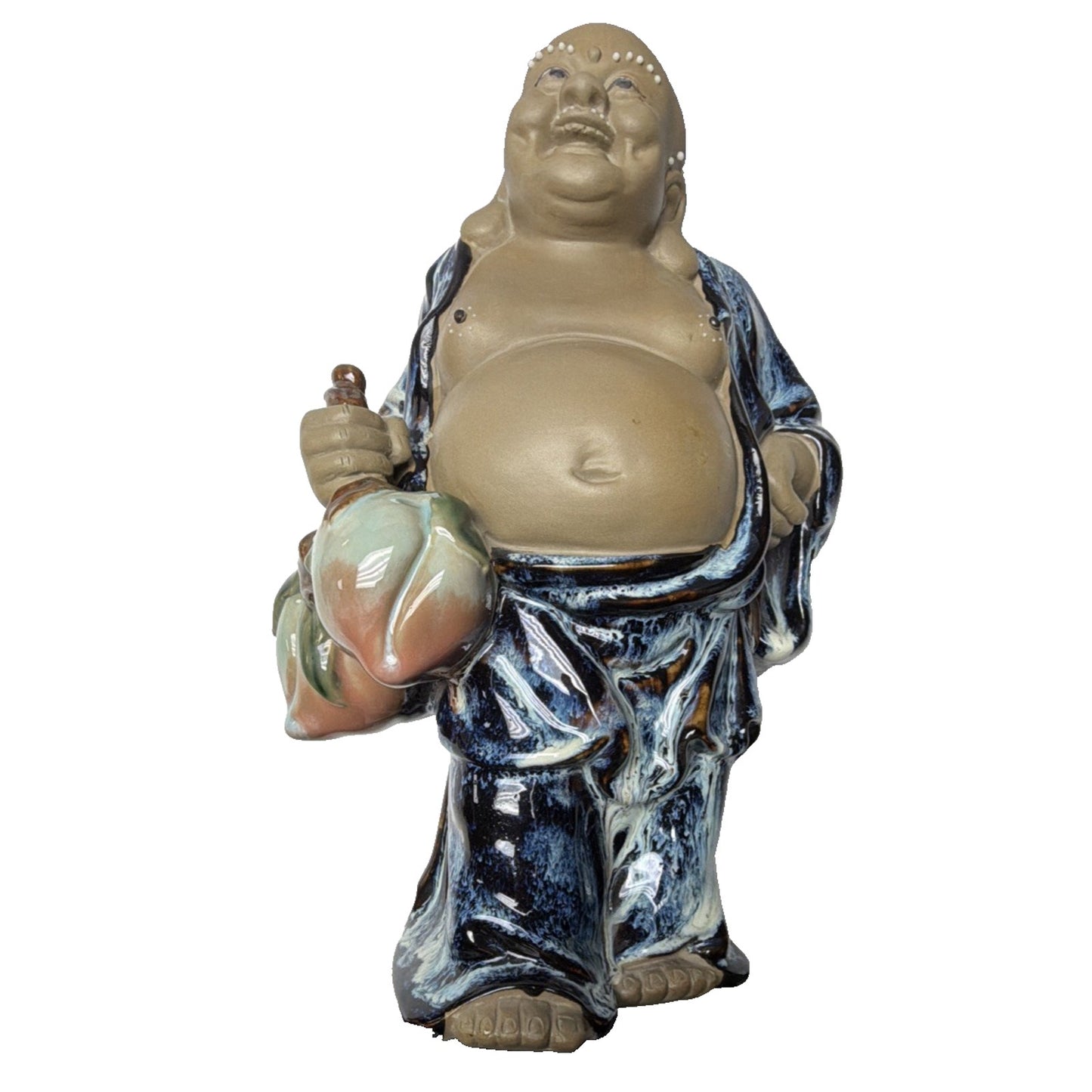 Shiwan Mudman Pottery Chinese Blue Flambe Glazed Happy Buddha Sculpture Hotei