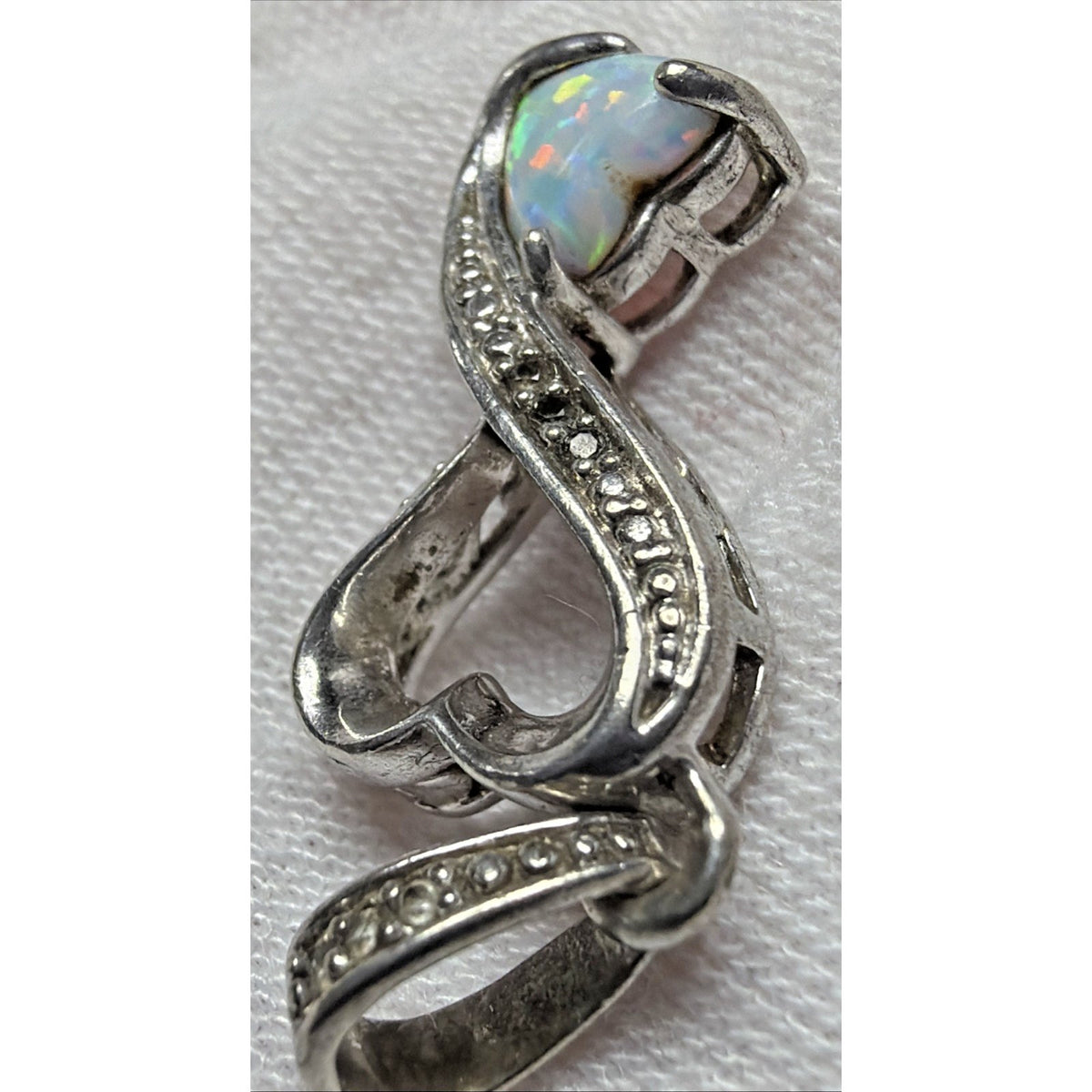 Vintage LA 925 Sterling Silver Double Heart Pendant Opal Diamond Chip