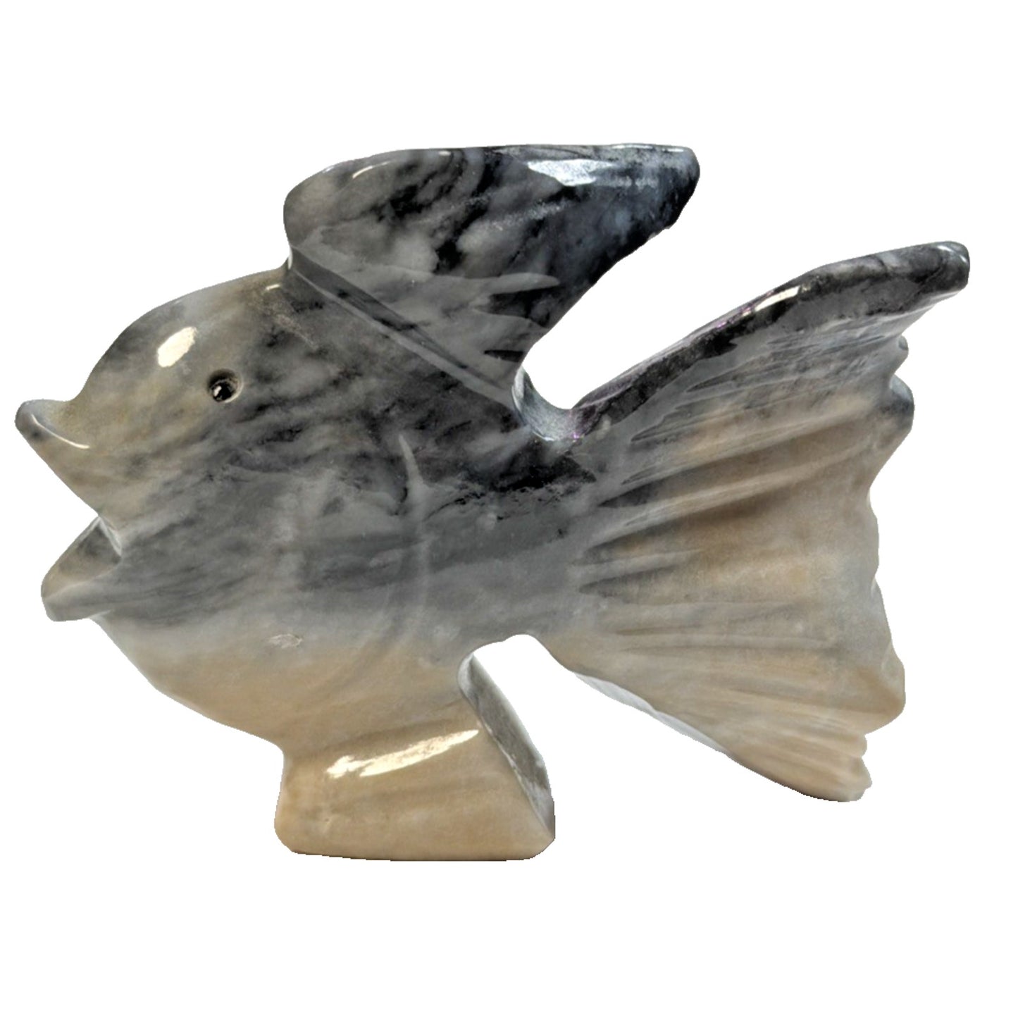 Folk Art Tellez Tecali Puebla Marbled Onyx Hand Carved Fish Sculpture Black Eyes