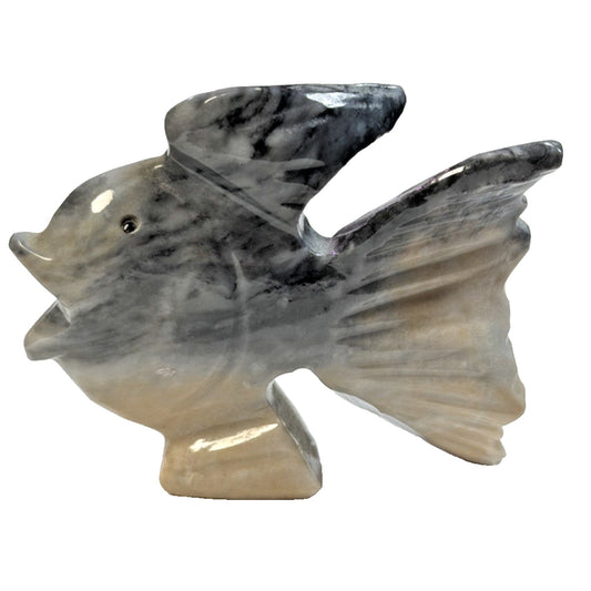 Folk Art Tellez Tecali Puebla Marbled Onyx Hand Carved Fish Sculpture Black Eyes