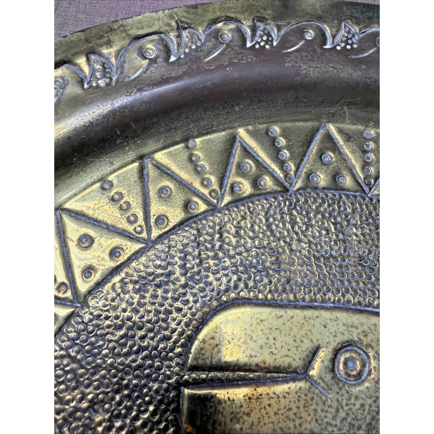 Mayan Aztec Peruvian Brass Gold Metal Enamel Engraved Hammered Wall Plate As Is