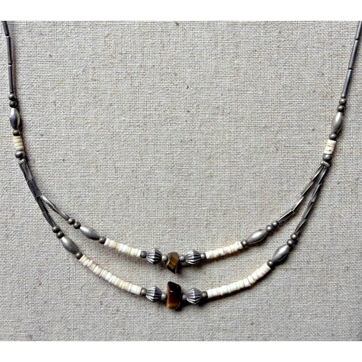 Vtg Liquid Silver Heishi Bead Tigers Eye Stone Necklace Sterling Southwestern