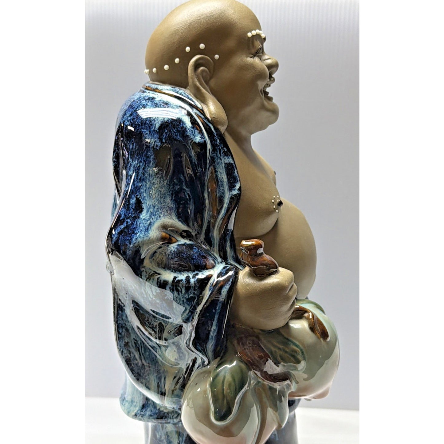 Shiwan Mudman Pottery Chinese Blue Flambe Glazed Happy Buddha Sculpture Hotei