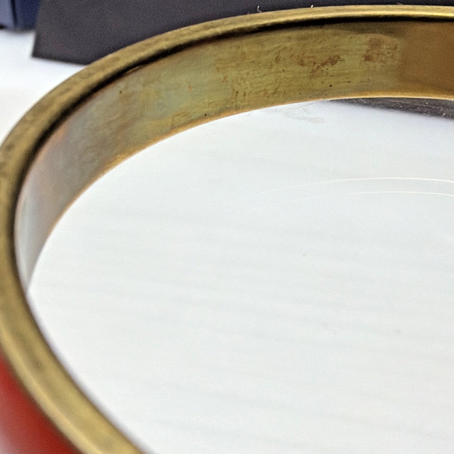 Vintage Gold Tone Metal Brass Bangle Bracelet Orange Red Celluloid Lucite