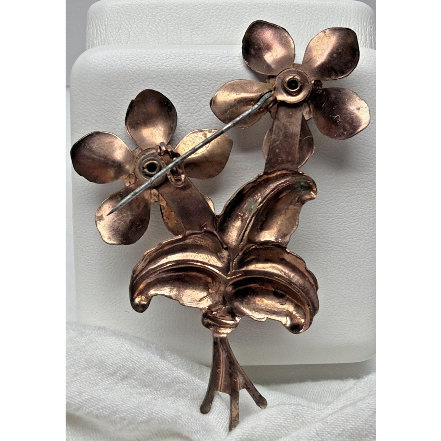 Vintage Copper Floral Flower Brooch Large Green Emerald Rhinestone
