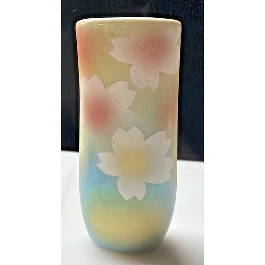 Vtg Kutani Yaki Porcelain Wall Vase Signed Iridescent Flowers Ombre Green Japan