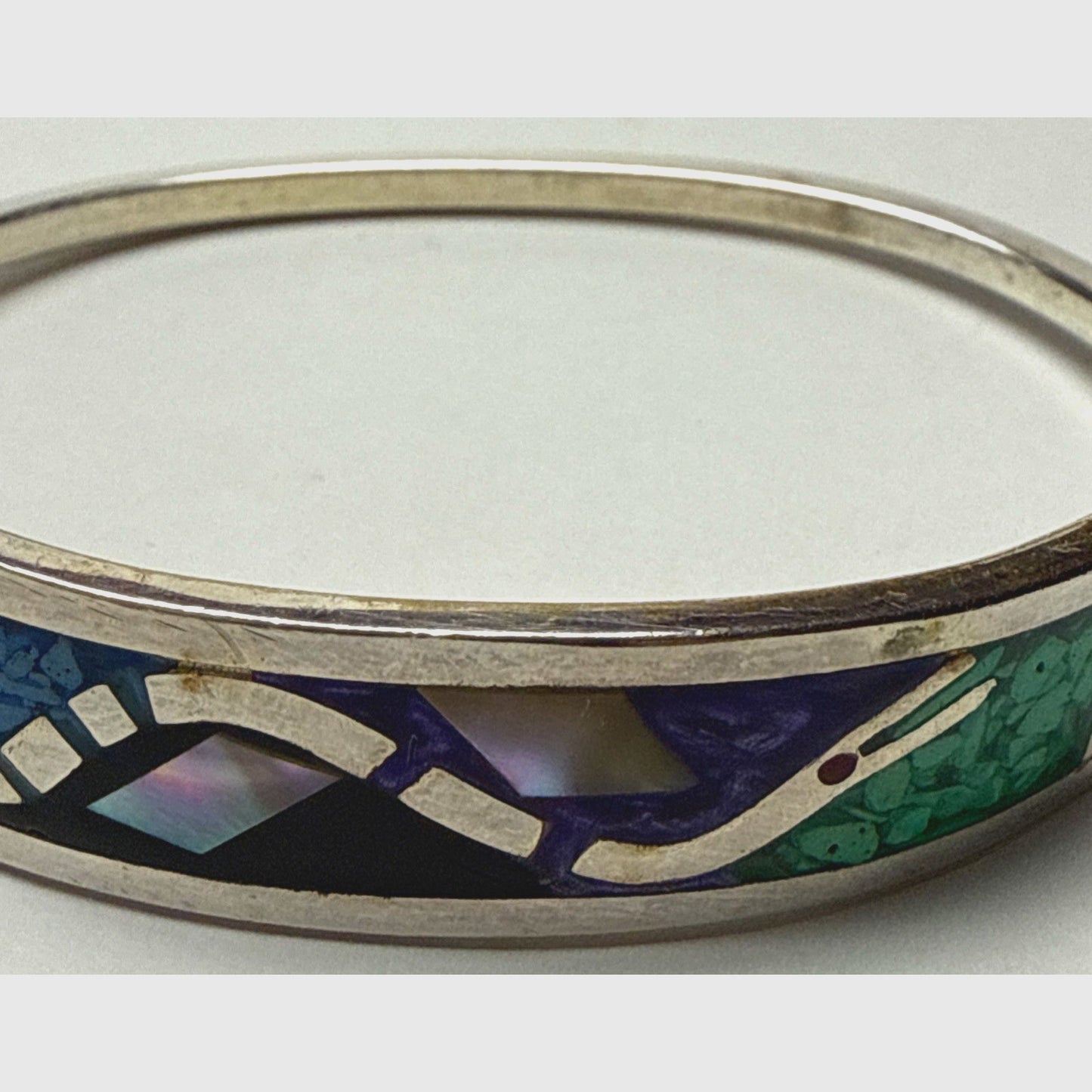 Mexico Sterling Silver Inlaid Hinge Bracelet Snake MOP Onyx Lapis Turquoise Chip