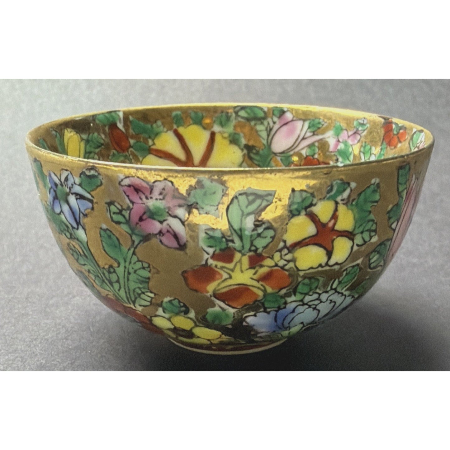 Old Eggshell Porcelain Gilt Enamel Chinese Famille Rose Mille Fleurs Wine Sake