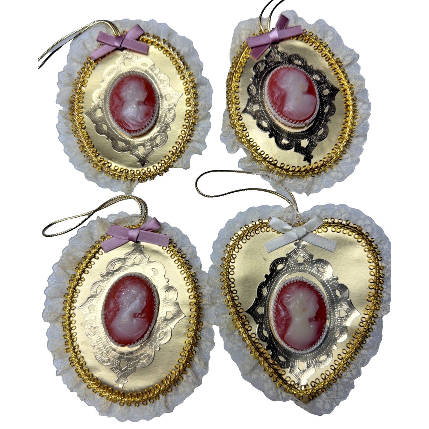 Vintage Lot of 4 Cameo Lace Gold Ornaments Victorian Taiwan As Is