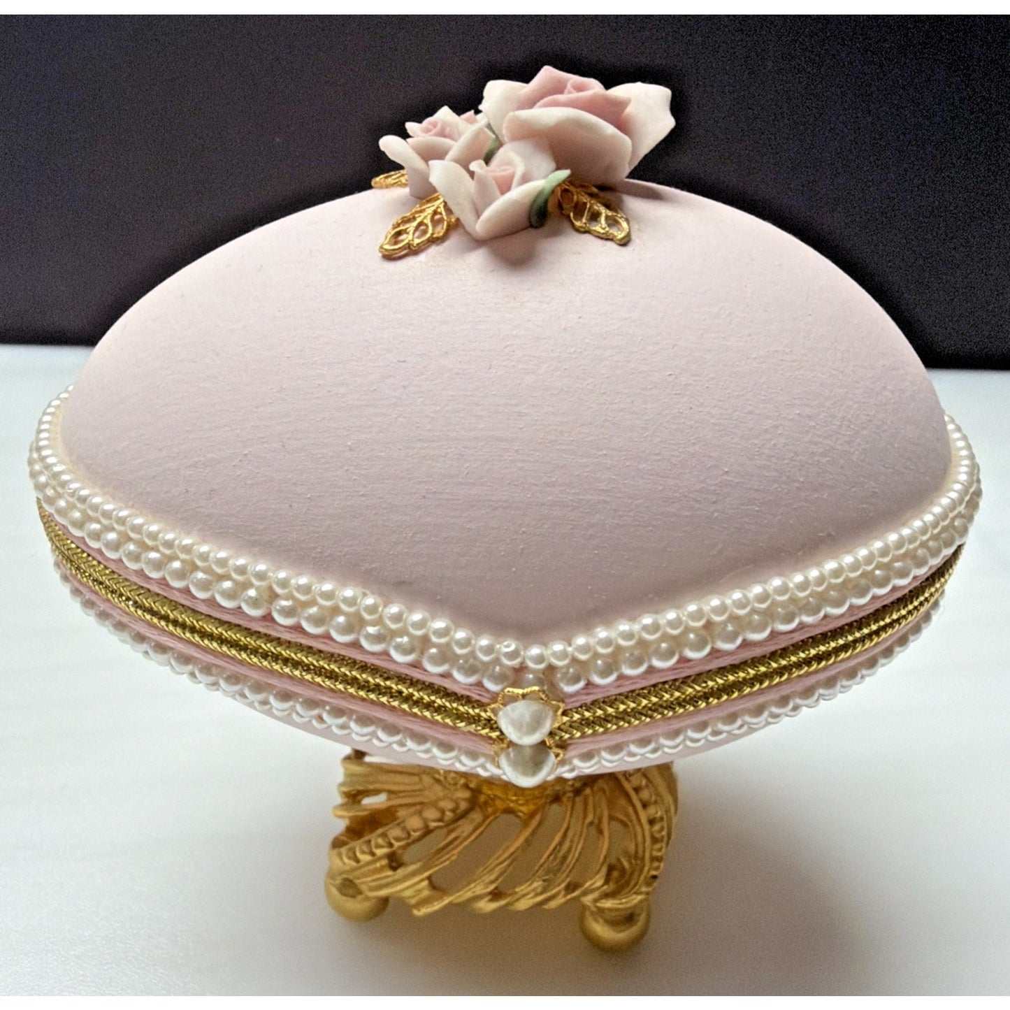 Egg Fantasy Hand Decorated Goose Egg Pink Trinket Jewelry Box Porcelain Flowers