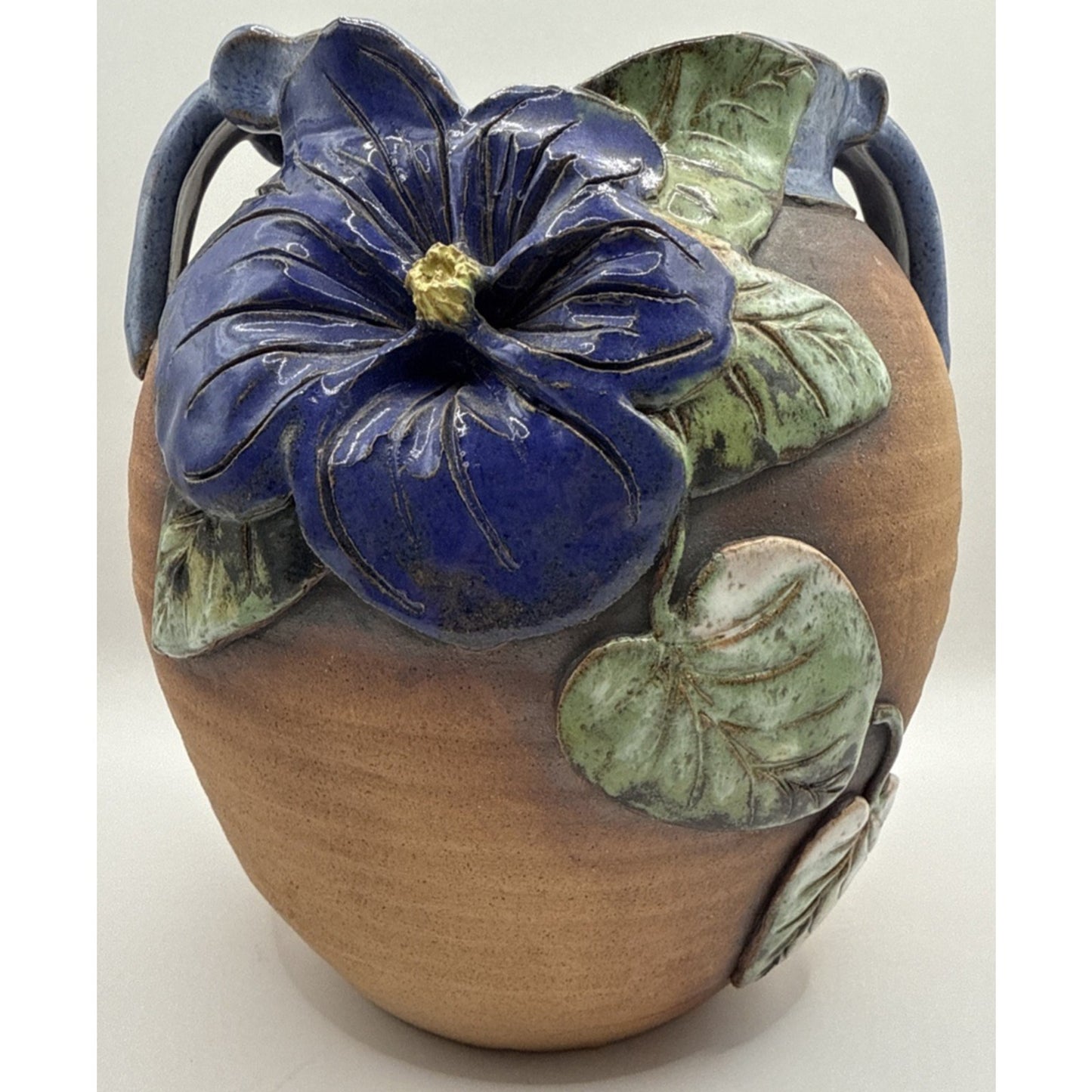 Old Patagonia Pottery Kissinger Double Handle Vase Blue Hibiscus Leaves Signed