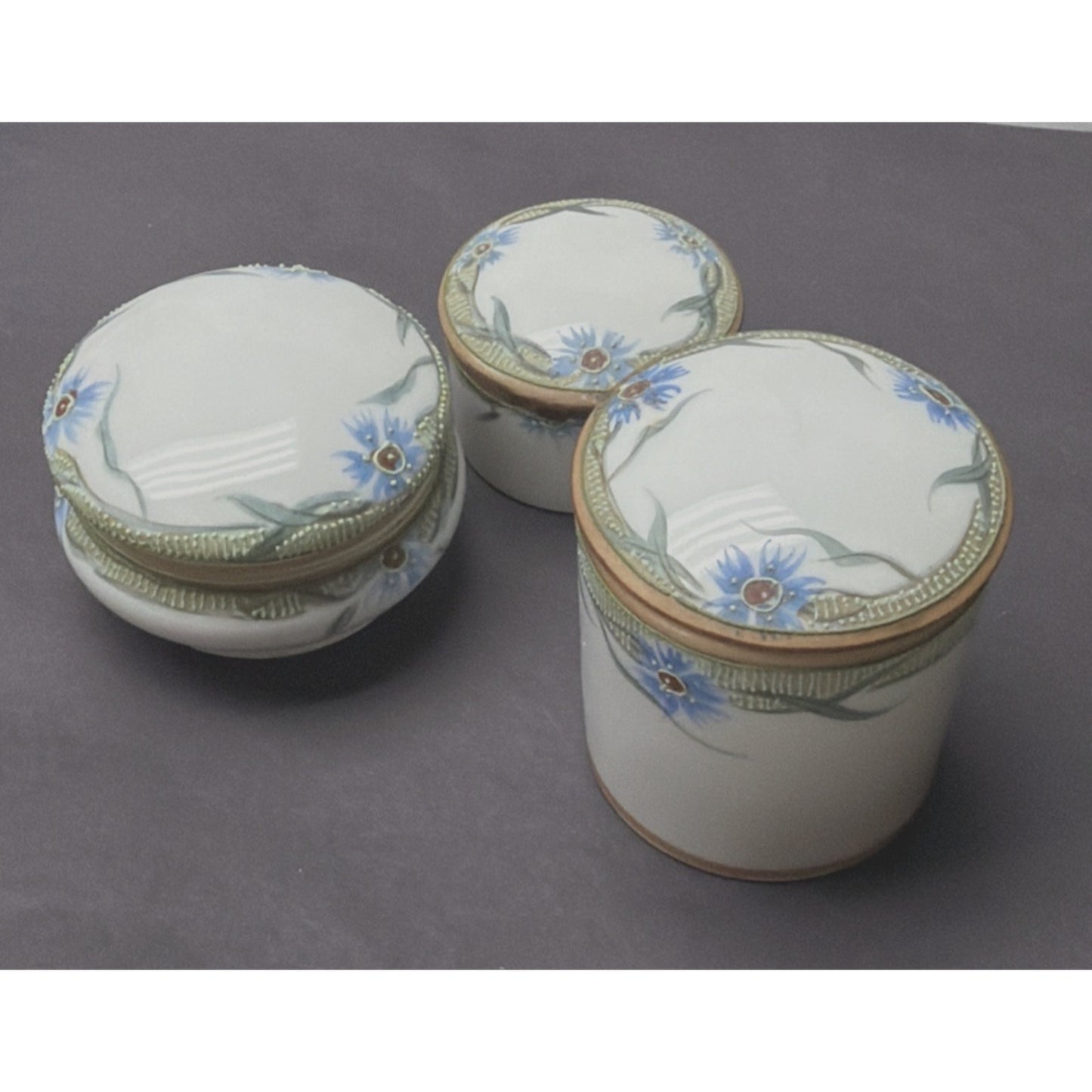Antique Lot of 3 Hand Painted Nippon Moriage Floral Covered Trinket Vanity Jars