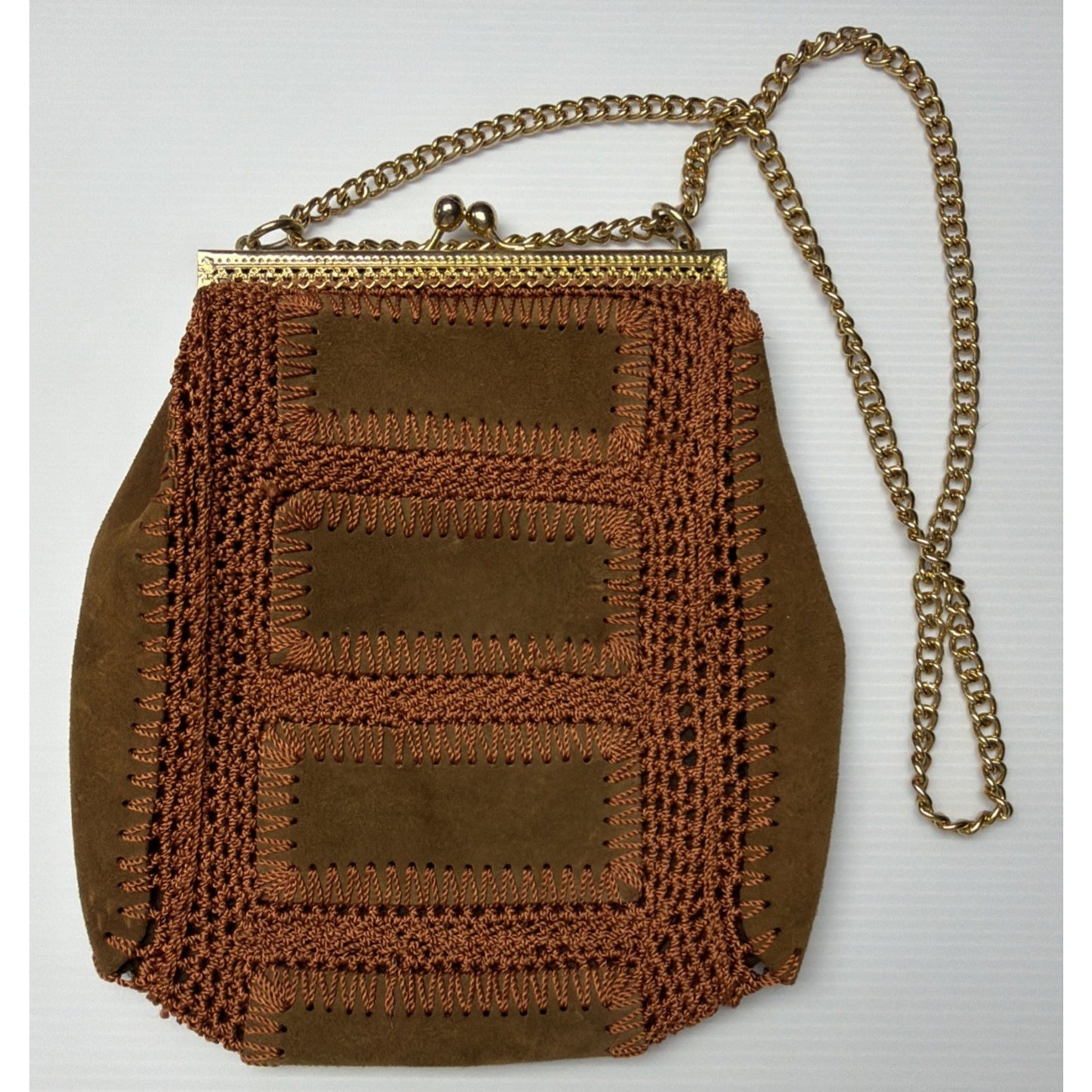 Vintage Solar Ltd Italy Brown Suede Leather Crochet Patchwork Purse As Is