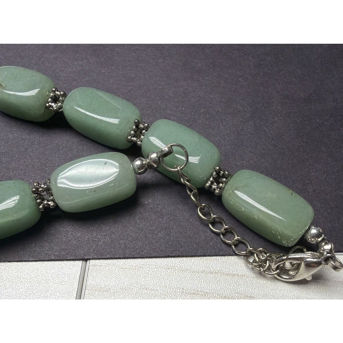 Jade Jadite Tumbler Beaded Silver Tone Necklace Green Choker Statement Chunky