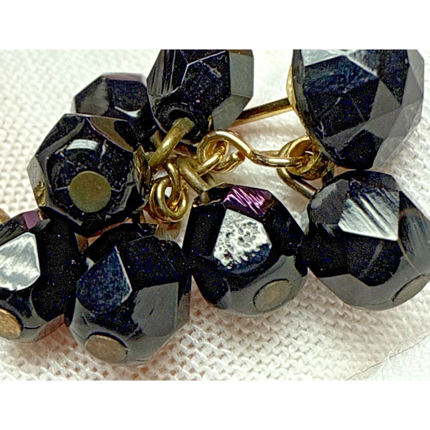 Vtg Black Faceted Glass Cluster Dangle Drop Earrings Disco Ball Rhinestone As-Is