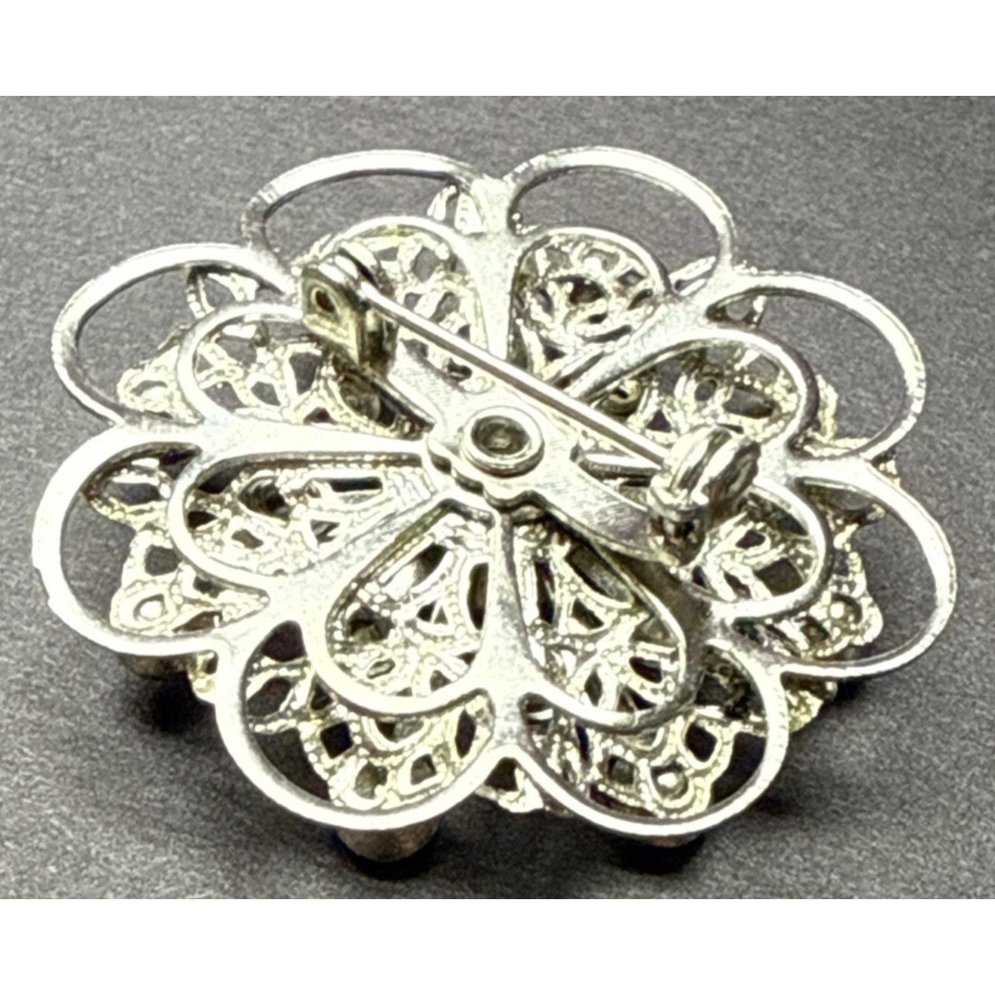 Vintage Aurora Borealis Rhinestone Silver Tone Filigree Layered Flower Brooch