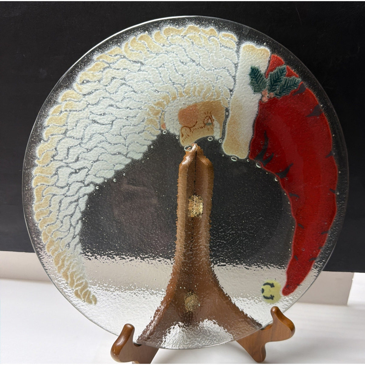 Vintage Peggy Karr Fused Glass Crescent Moon Santa Christmas Platter Signed