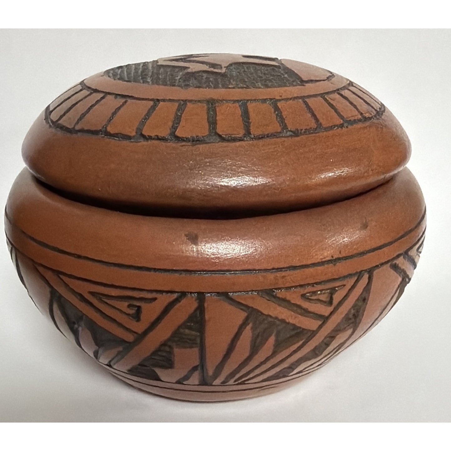 Vtg Navajo Art Pottery Jar Etched Native American Southwestern Pot Lid Signed