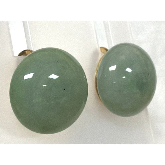 Vintage Crown Trifari Jade Green Glass Cabochon Clip Earrings Gold Tone Round As
