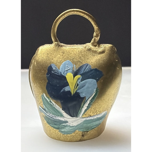 Vintage Gold Metal Brass Cow Bell Hand Painted Flower Blue Floral Liechtenstein