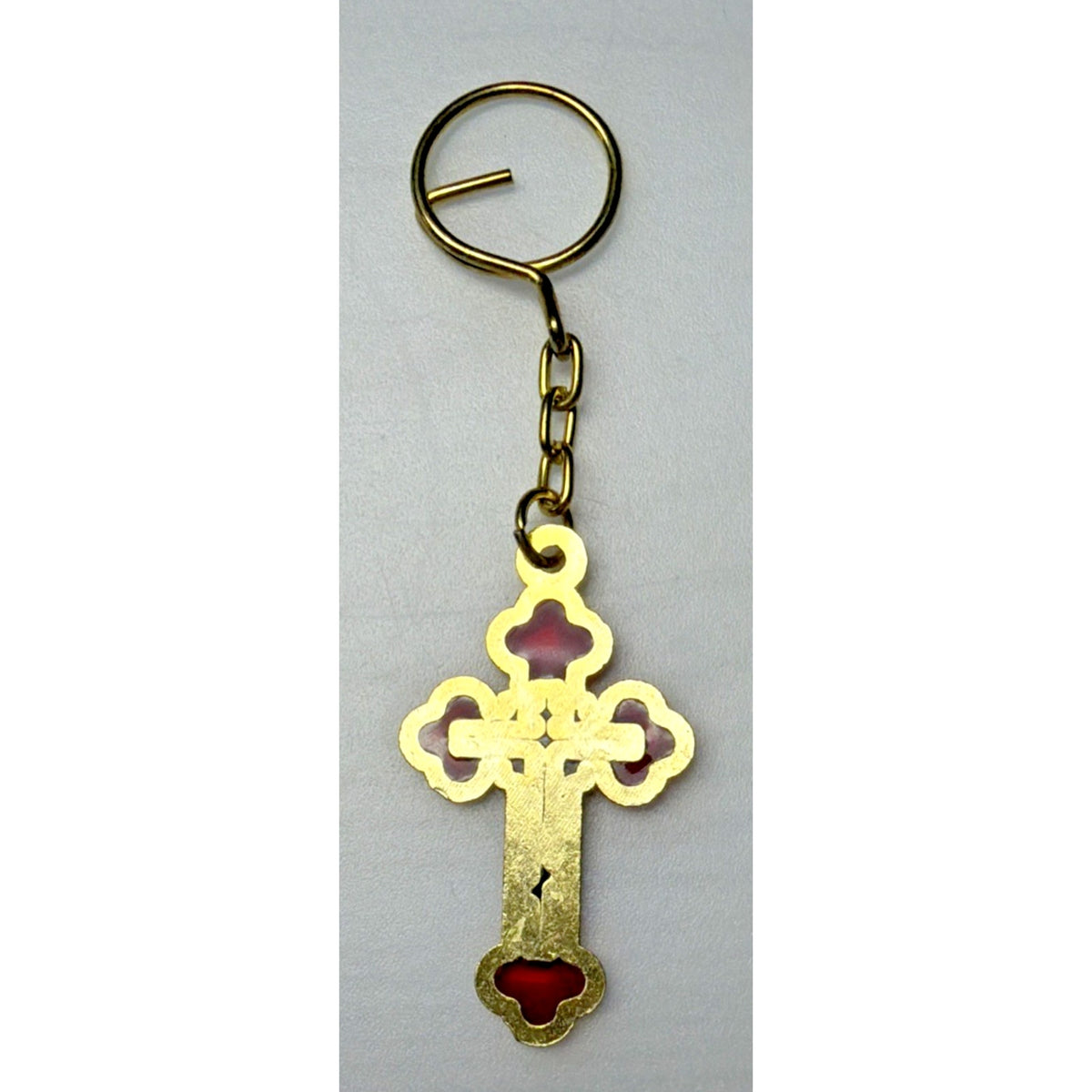Vtg Holovaik Religious Orthodox Enamel Cross Chain Pendant Gold Tone Red Black