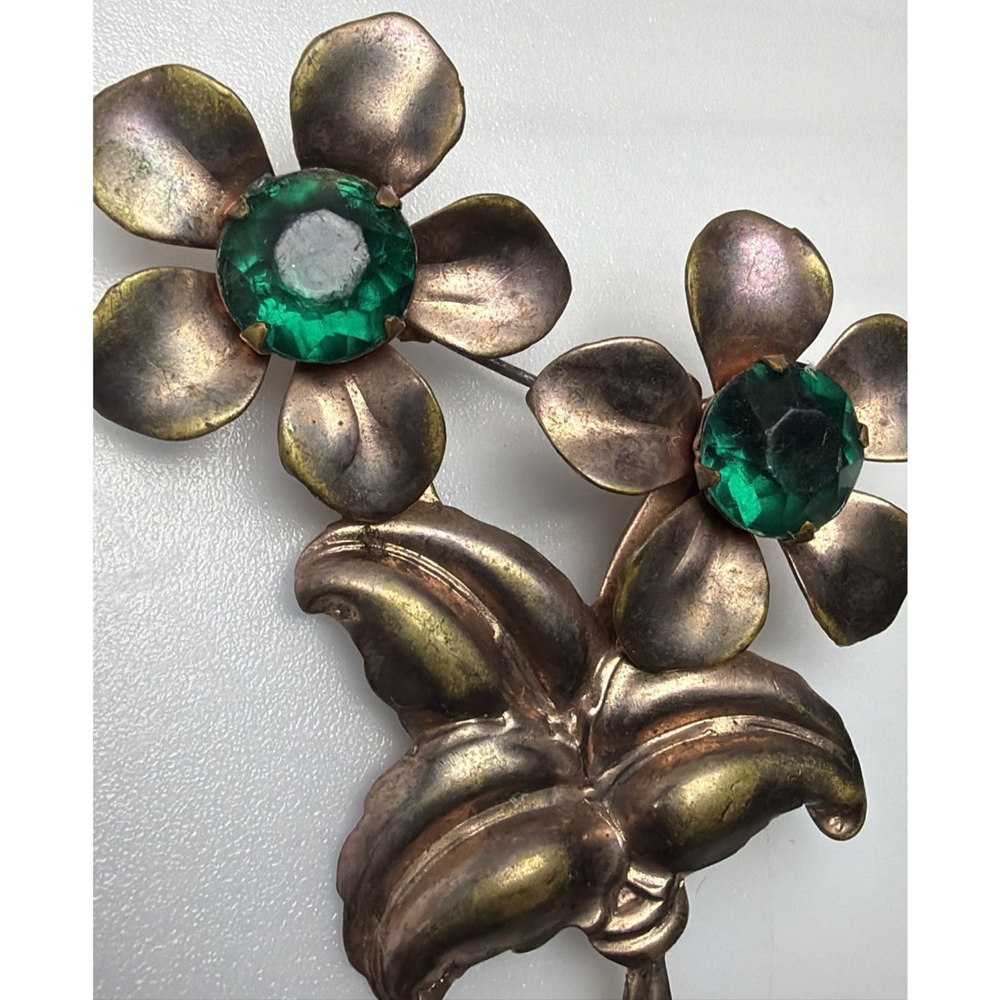 Vintage Copper Floral Flower Brooch Large Green Emerald Rhinestone