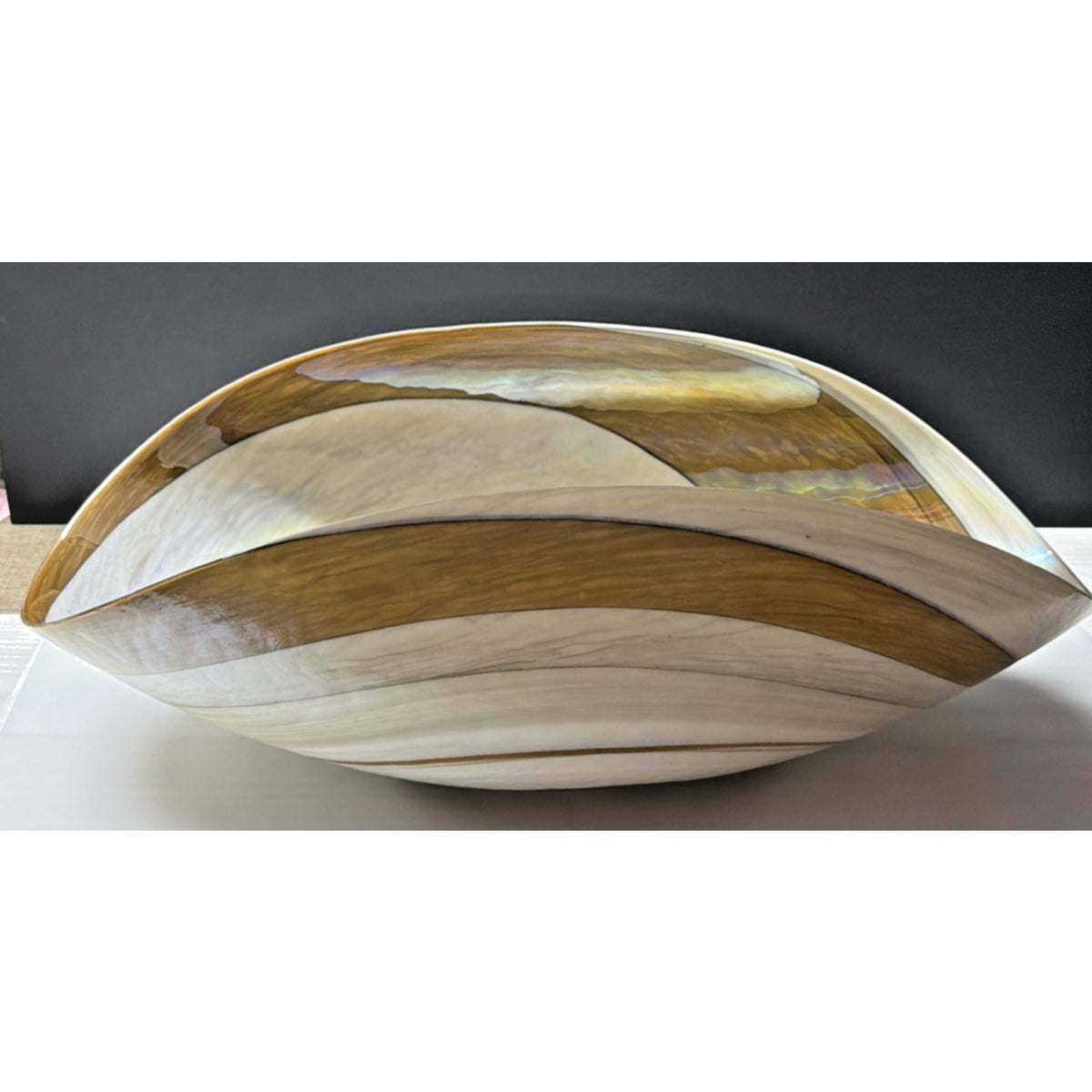 Yalo Murano Vetro Art Glass Bowl Folded Iridescent Ivory Gold Swirl 21"