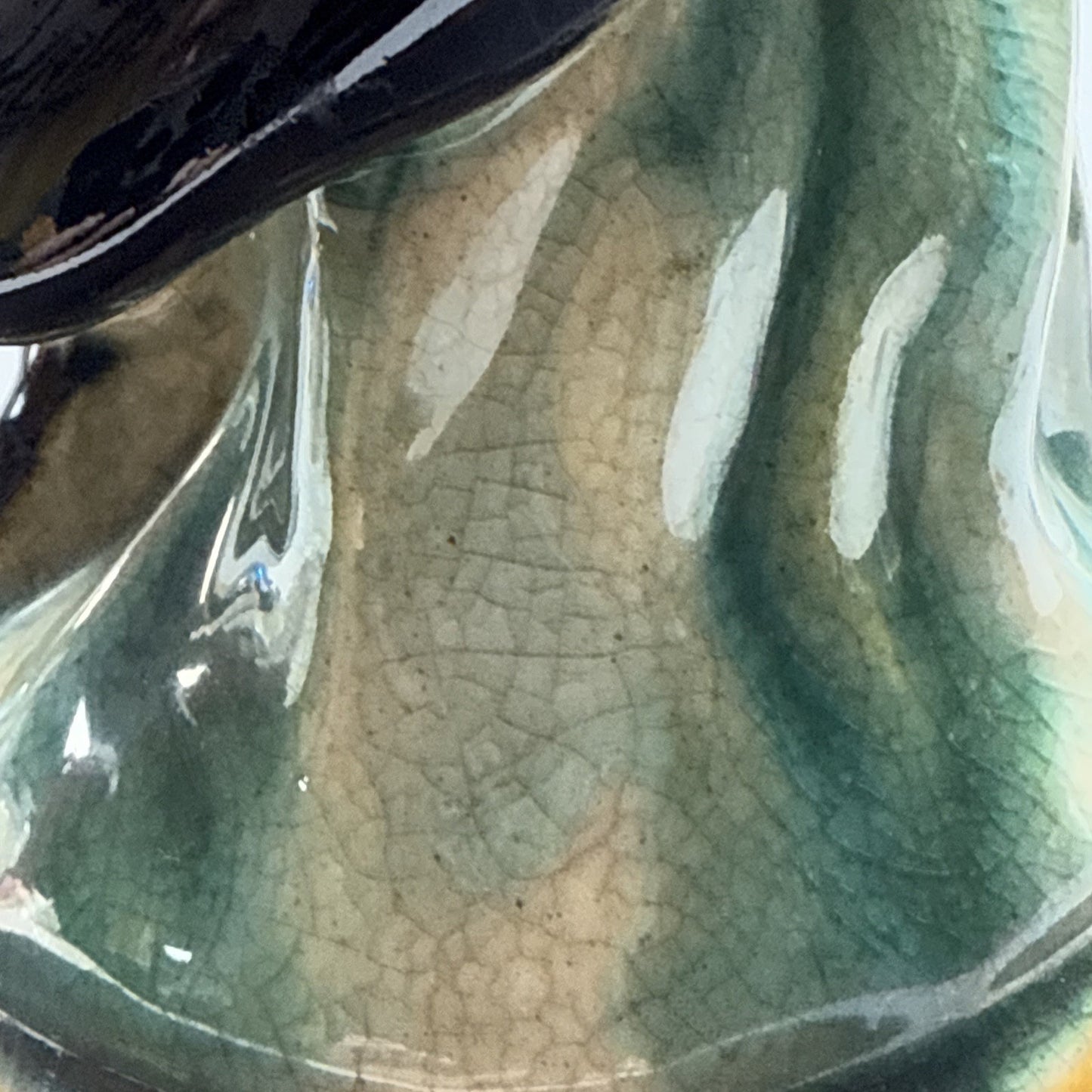 Vintage Majolica Pottery Glazed Crackle Man Holding Basket Sitting Signed As Is