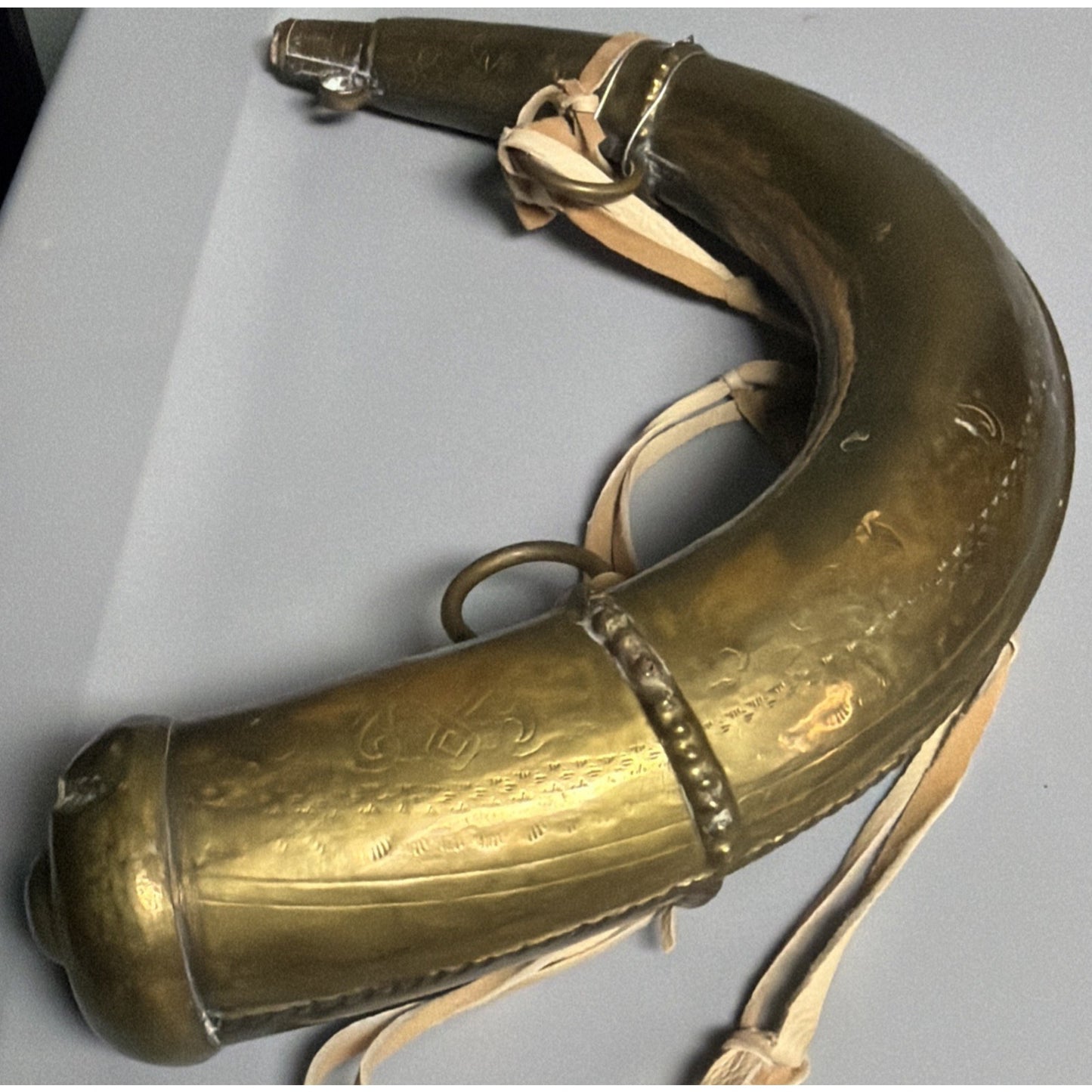 Antique Moroccan Brass Steel Black Powder Horn Flask Shot Strap As Is