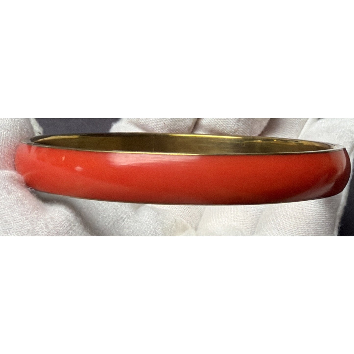 Vintage Gold Tone Metal Brass Bangle Bracelet Orange Red Celluloid Lucite