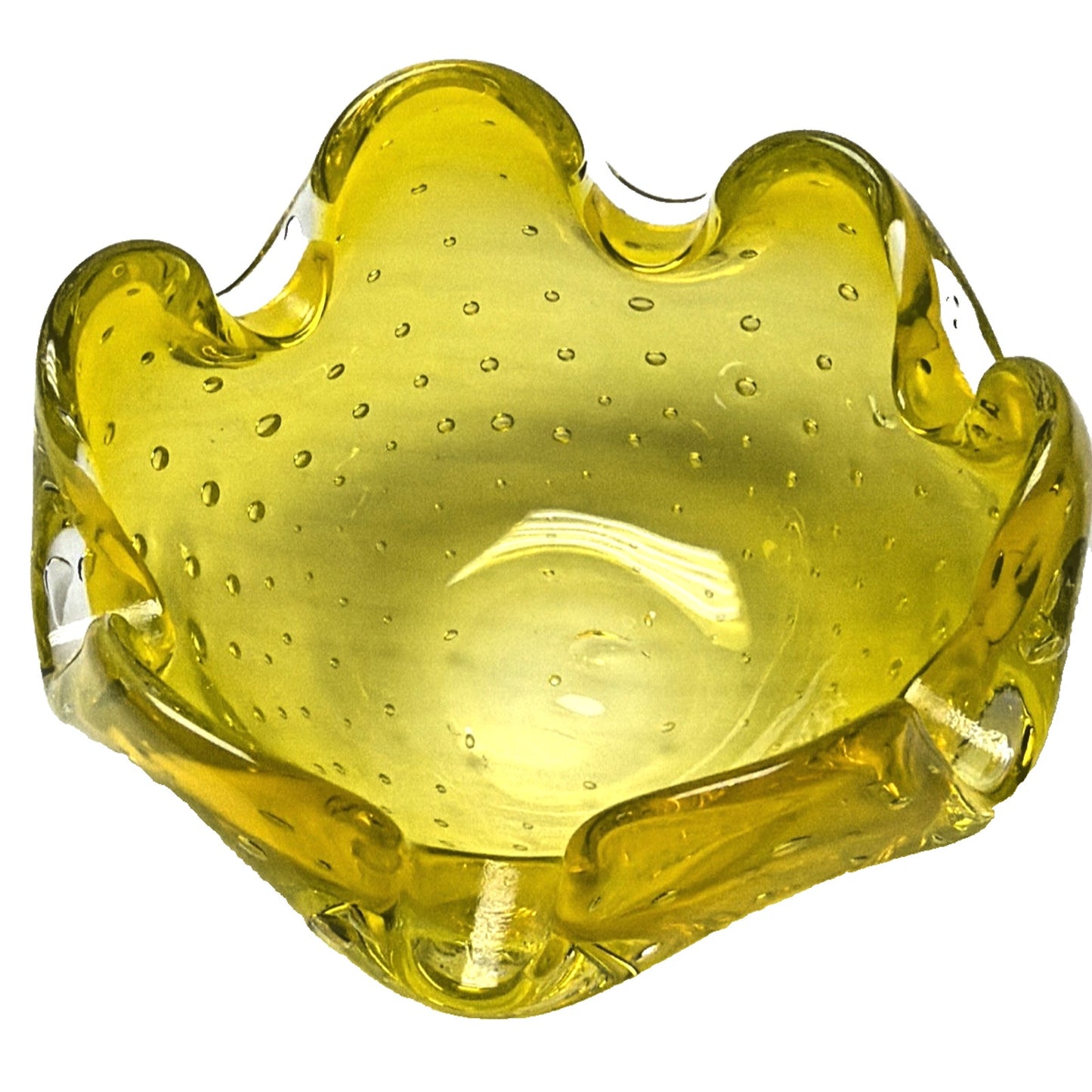 Vtg Kreiss Art Glass Bullicante Canary Yellow Controlled Bubbles Bowl Ashtray