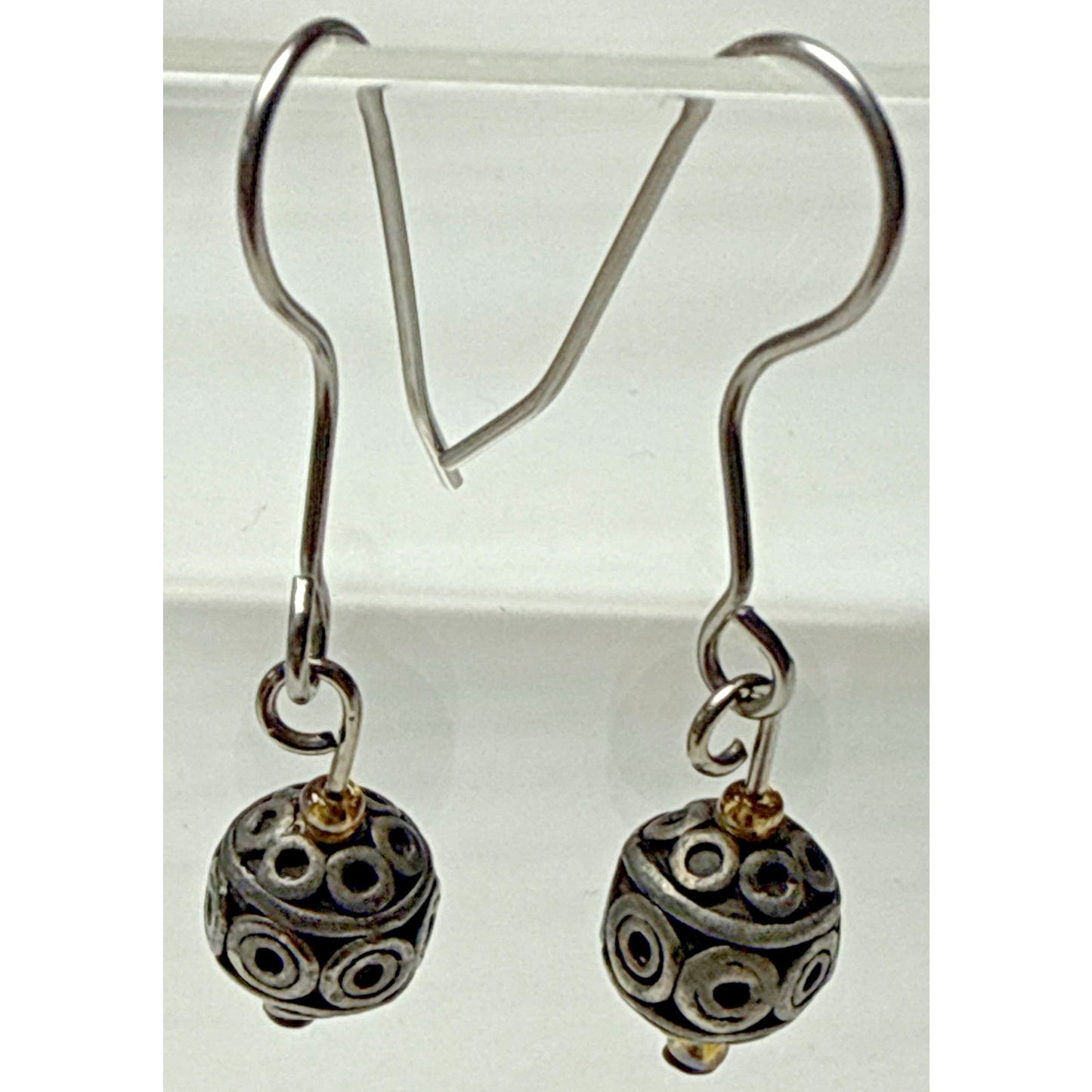 Vintage Sterling Silver Round Ball Bead Drop Earrings Bali Wire Moroccan