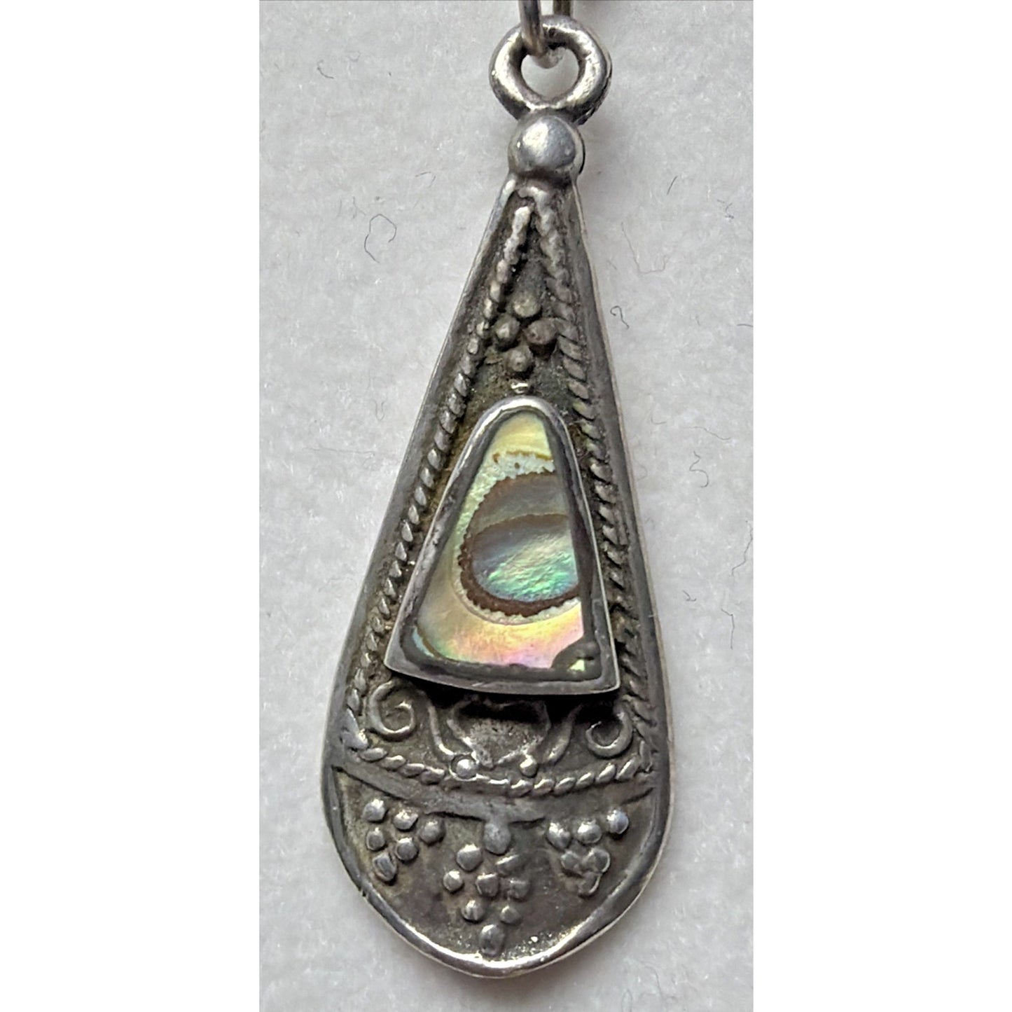 Vtg ATI Mexico Sterling Silver 925 Pierced Drop Teardrop Ornate Earrings Abalone