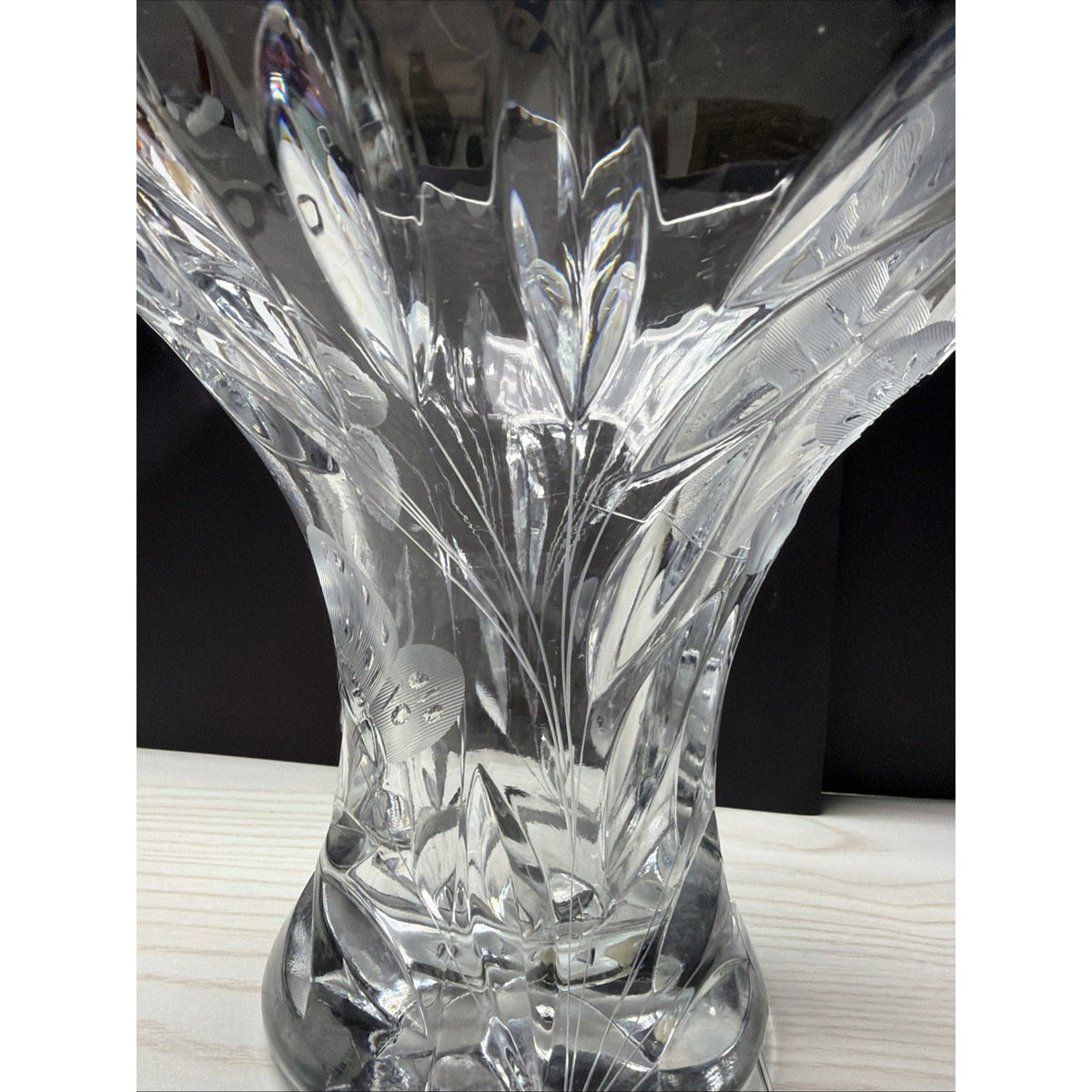 ABP Pairpoint Glass Cut Crystal Murillo Butterfly Daisy Vase Corset Trumpet Flar